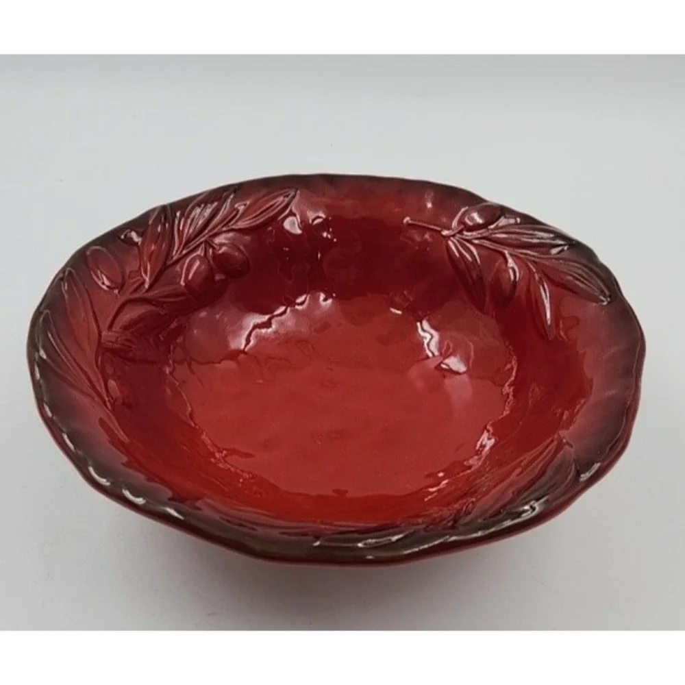 Crate & Barrel Red Ceramic Olive Branch Serving Bowl Made in Italy 9681/29